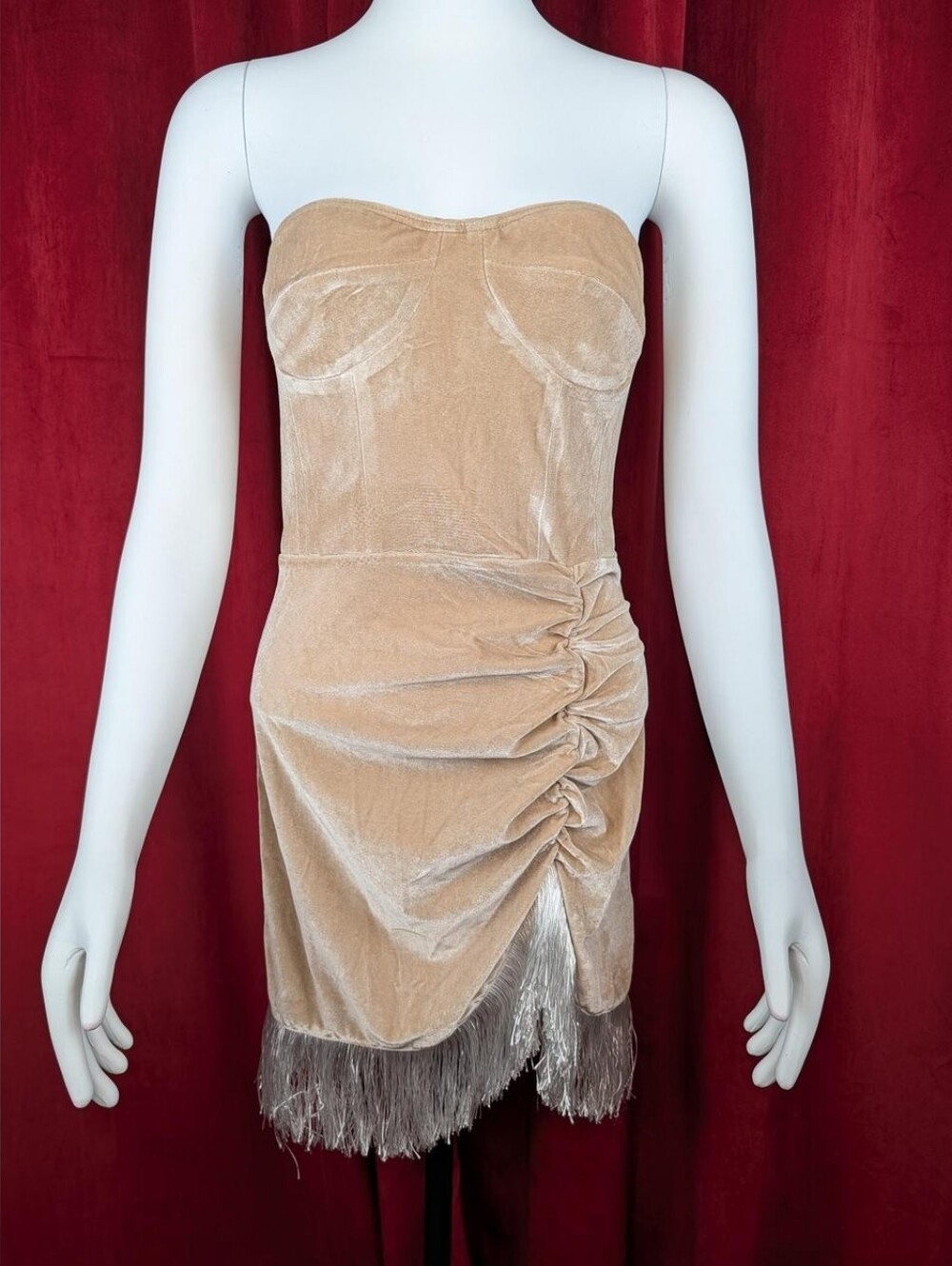 Cider Beige Velvet & White Fringe Trim Strapless Mini Dress